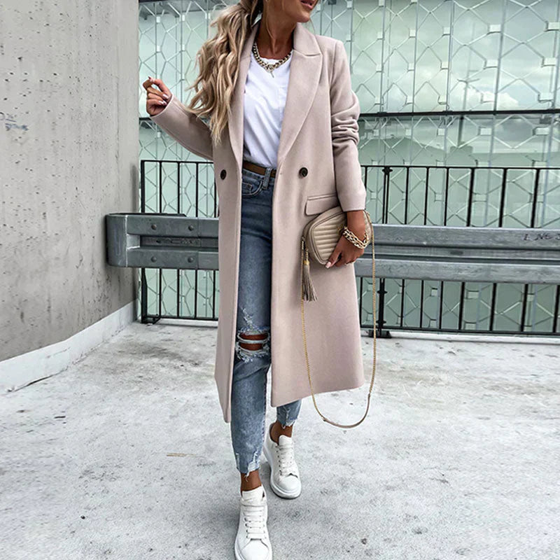 Women's Long Wool-Blend Coat - Double Breasted - Notched Lapel - Full Length Elegant Fit