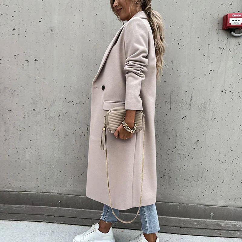 Women's Long Wool-Blend Coat - Double Breasted - Notched Lapel - Full Length Elegant Fit