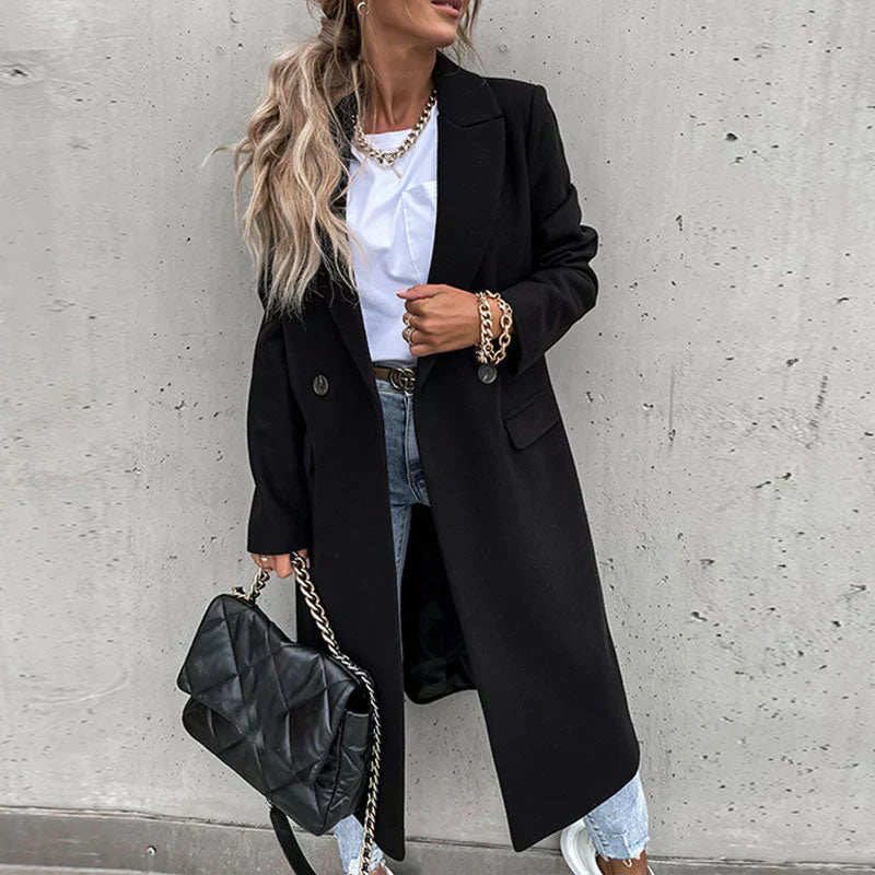 Women's Long Wool-Blend Coat - Double Breasted - Notched Lapel - Full Length Elegant Fit