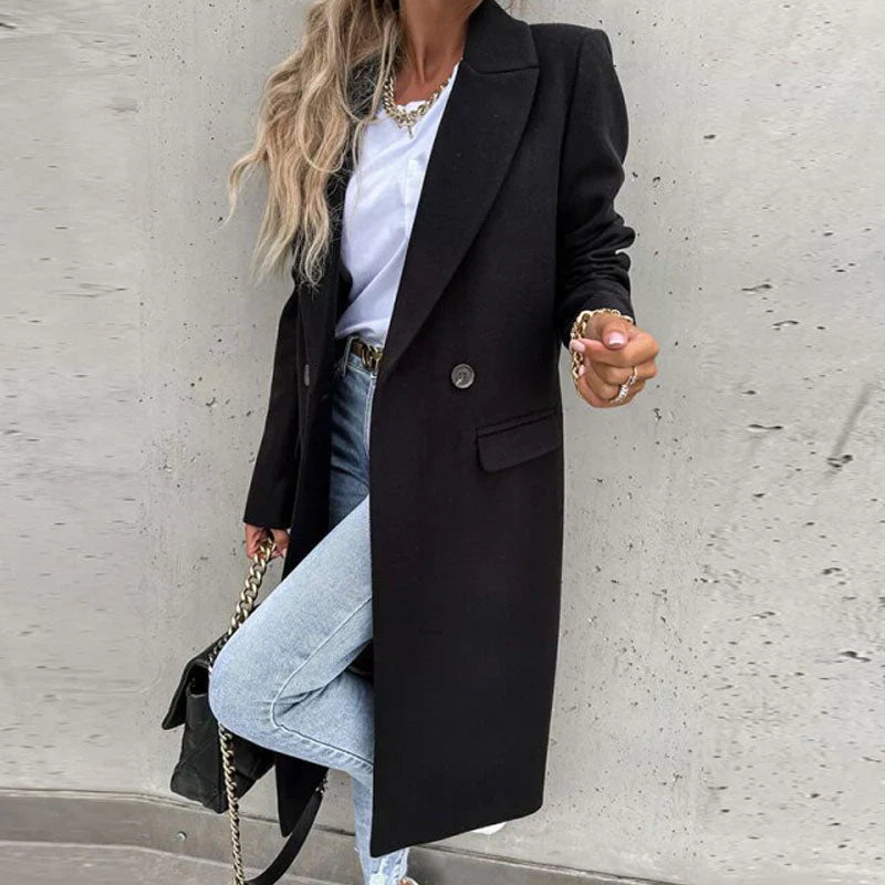Women's Long Wool-Blend Coat - Double Breasted - Notched Lapel - Full Length Elegant Fit