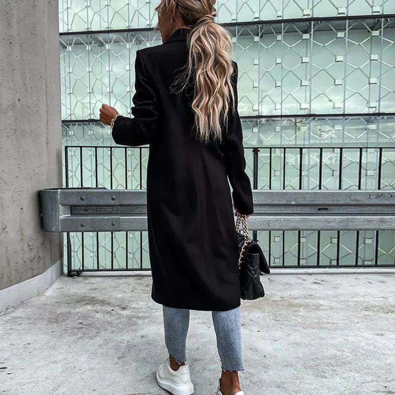 Women's Long Wool-Blend Coat - Double Breasted - Notched Lapel - Full Length Elegant Fit