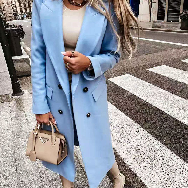Women's Long Wool-Blend Coat - Double Breasted - Notched Lapel - Full Length Elegant Fit