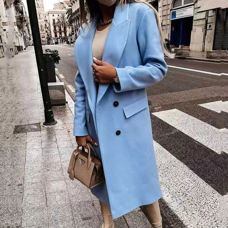 Women's Long Wool-Blend Coat - Double Breasted - Notched Lapel - Full Length Elegant Fit