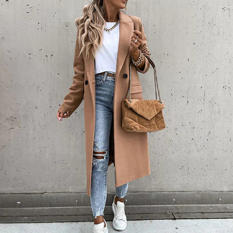 Women's Long Wool-Blend Coat - Double Breasted - Notched Lapel - Full Length Elegant Fit