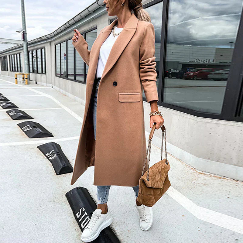 Women's Long Wool-Blend Coat - Double Breasted - Notched Lapel - Full Length Elegant Fit