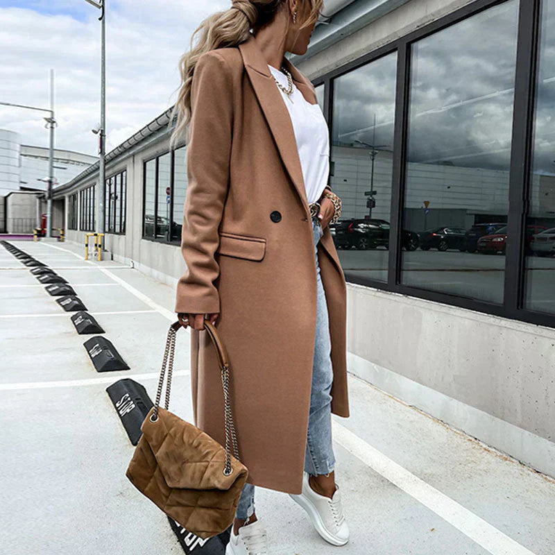 Women's Long Wool-Blend Coat - Double Breasted - Notched Lapel - Full Length Elegant Fit
