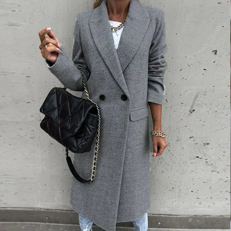 Women's Long Wool-Blend Coat - Double Breasted - Notched Lapel - Full Length Elegant Fit