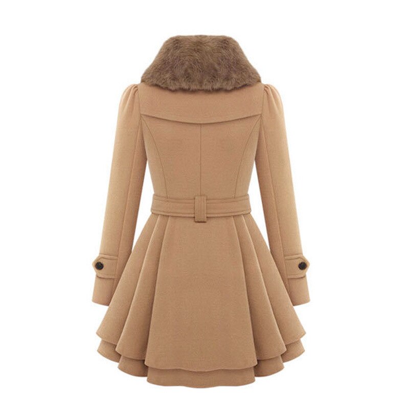 Women's Trench Coat - Wool Blend - Double-Breasted - Fur Collar - Belted Waist