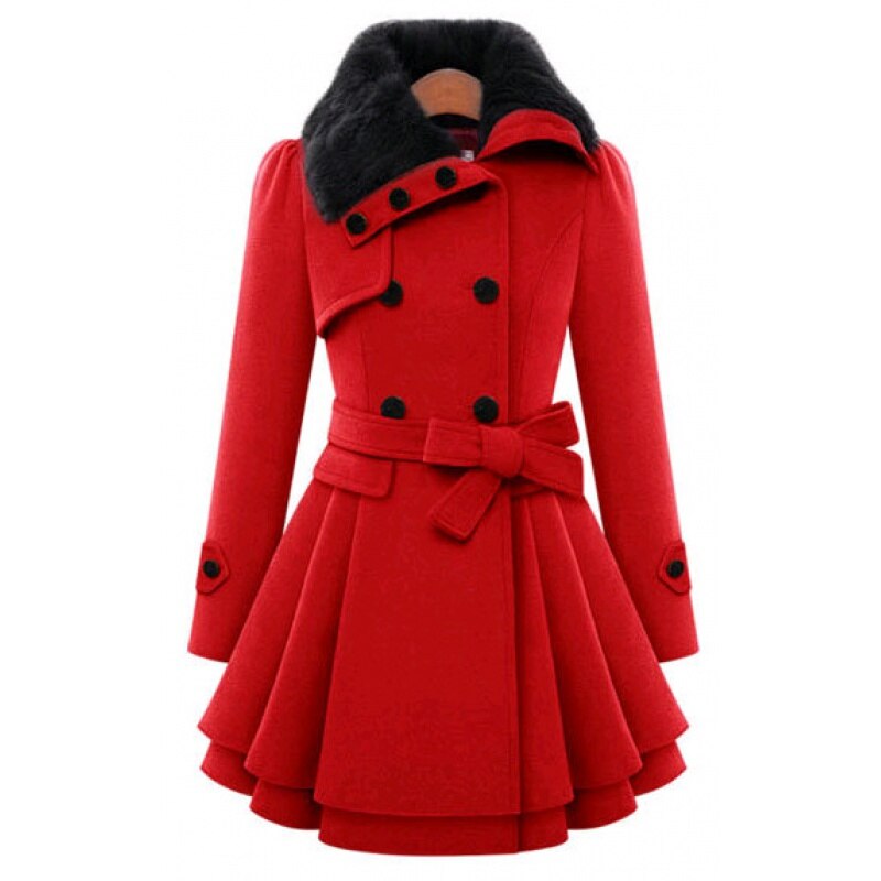 Women's Trench Coat - Wool Blend - Double-Breasted - Fur Collar - Belted Waist