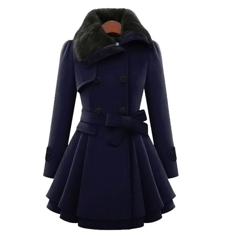 Women's Trench Coat - Wool Blend - Double-Breasted - Fur Collar - Belted Waist