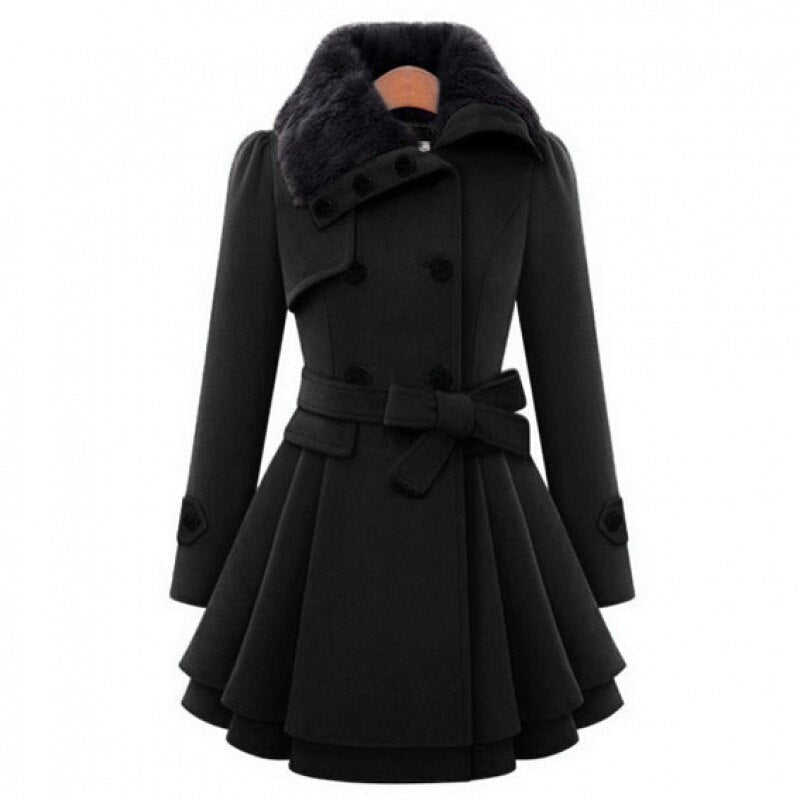 Women's Trench Coat - Wool Blend - Double-Breasted - Fur Collar - Belted Waist