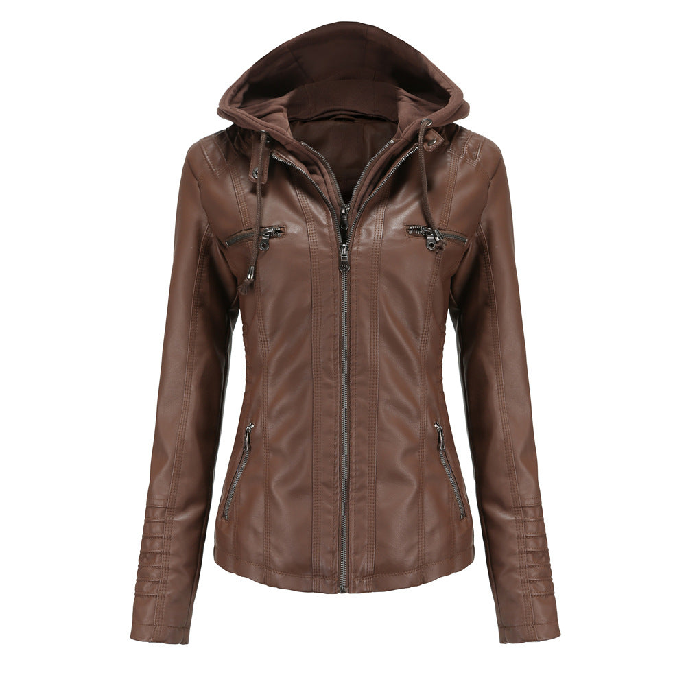 Women's Faux Leather Biker Jacket - Slim Fit - Zip Closure - Hooded - Multiple Pockets