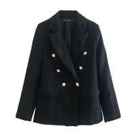 Women's Tweed Blazer - Double Breasted - Tailored Fit - Peak Lapels - Flap Pockets