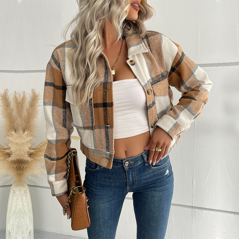 Women's Plaid Jacket - Wool Blend - Relaxed Fit - Button-Up Smart Casual Wear