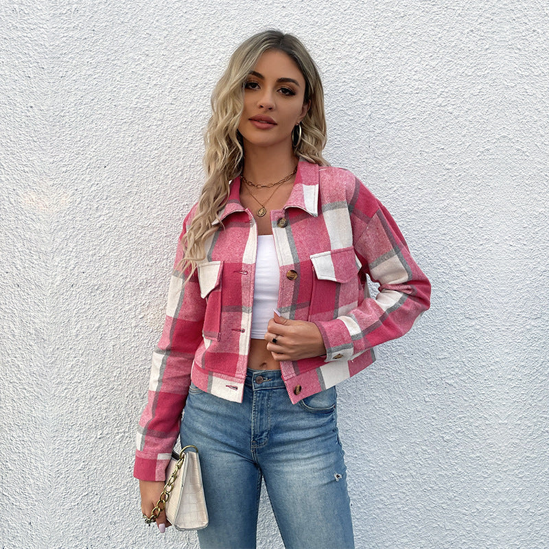 Women's Plaid Jacket - Wool Blend - Relaxed Fit - Button-Up Smart Casual Wear