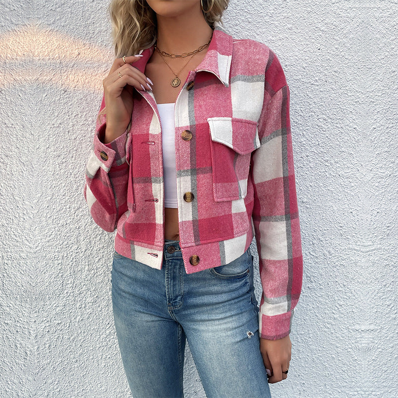 Women's Plaid Jacket - Wool Blend - Relaxed Fit - Button-Up Smart Casual Wear
