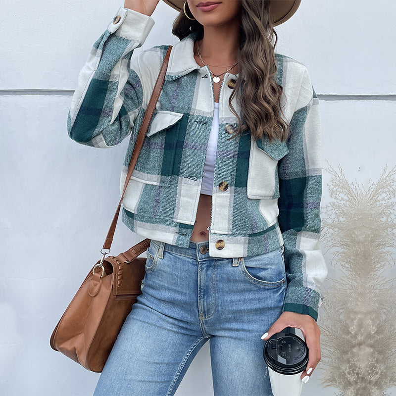 Women's Plaid Jacket - Wool Blend - Relaxed Fit - Button-Up Smart Casual Wear
