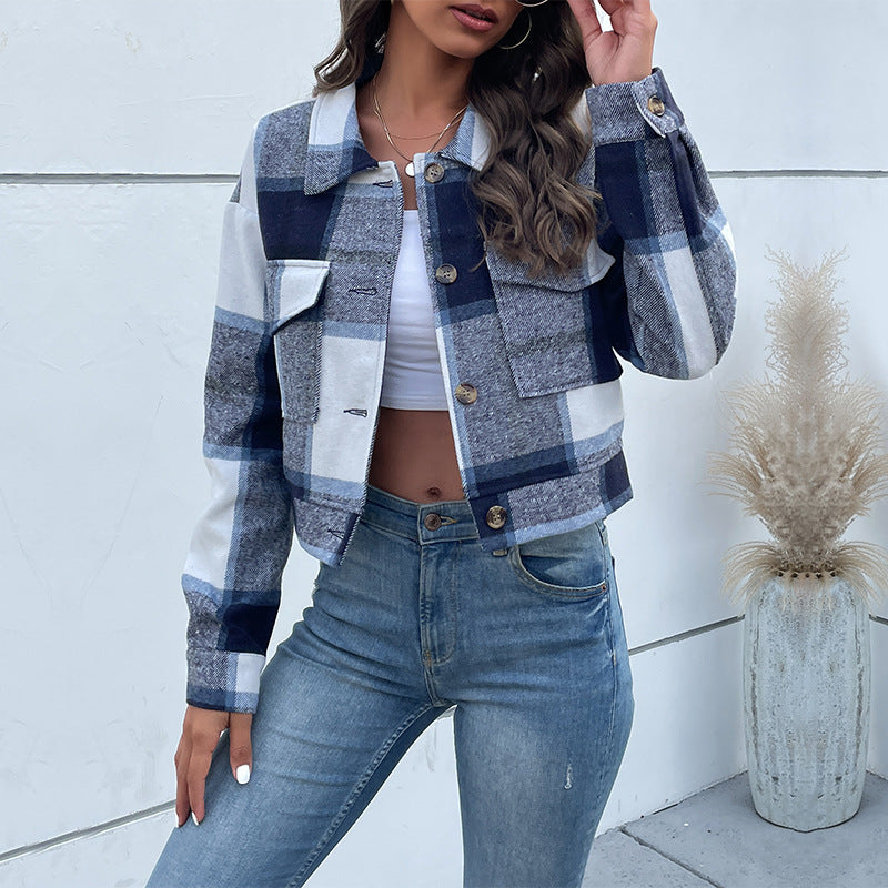 Women's Plaid Jacket - Wool Blend - Relaxed Fit - Button-Up Smart Casual Wear