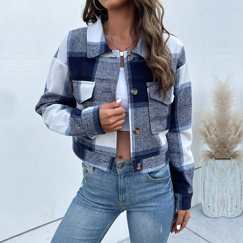 Women's Plaid Jacket - Wool Blend - Relaxed Fit - Button-Up Smart Casual Wear