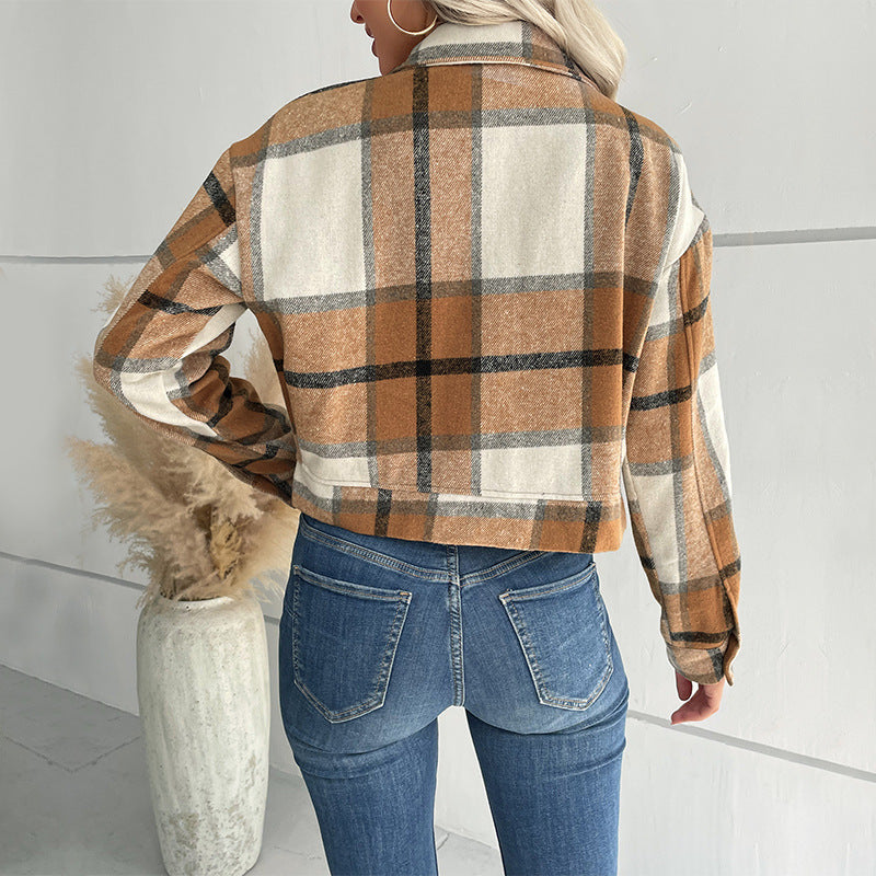 Women's Plaid Jacket - Wool Blend - Relaxed Fit - Button-Up Smart Casual Wear