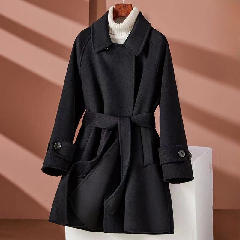 Women's Tailored Coat - Wool Blend - Belted Waist - Wide Lapel - Mid Length Elegant