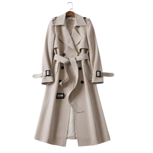Women's Trench Coat - Double-Breasted - Belted Waist - Wide Lapel - Classic Fit