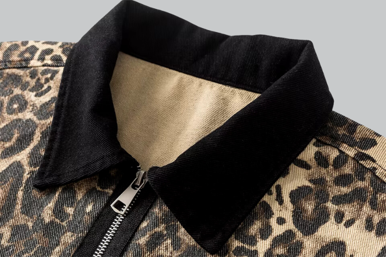 Retro leopard print washed denim jacket for women