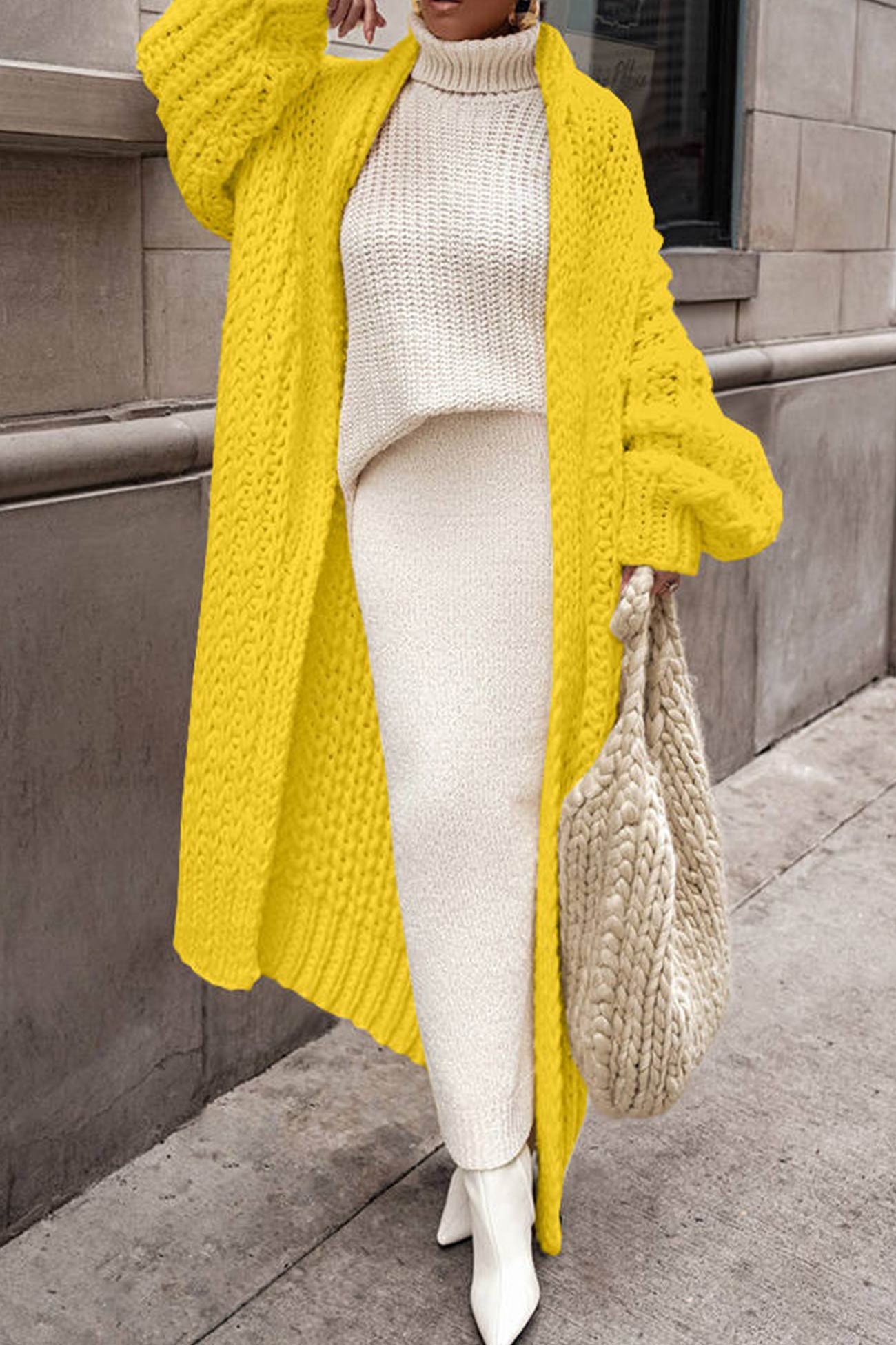 Open front knitted long winter cardigan