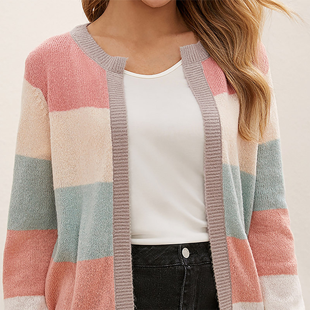 Women's Cardigan - Block Pattern - Ribbed Trim - Long Sleeve - Soft Knit Casual Layering