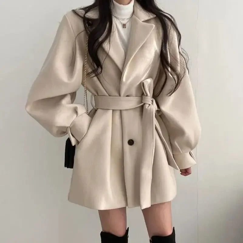 Women's Trench Coat - Oversized Fit - Wide Lapel - Belted Waist - Button Closure