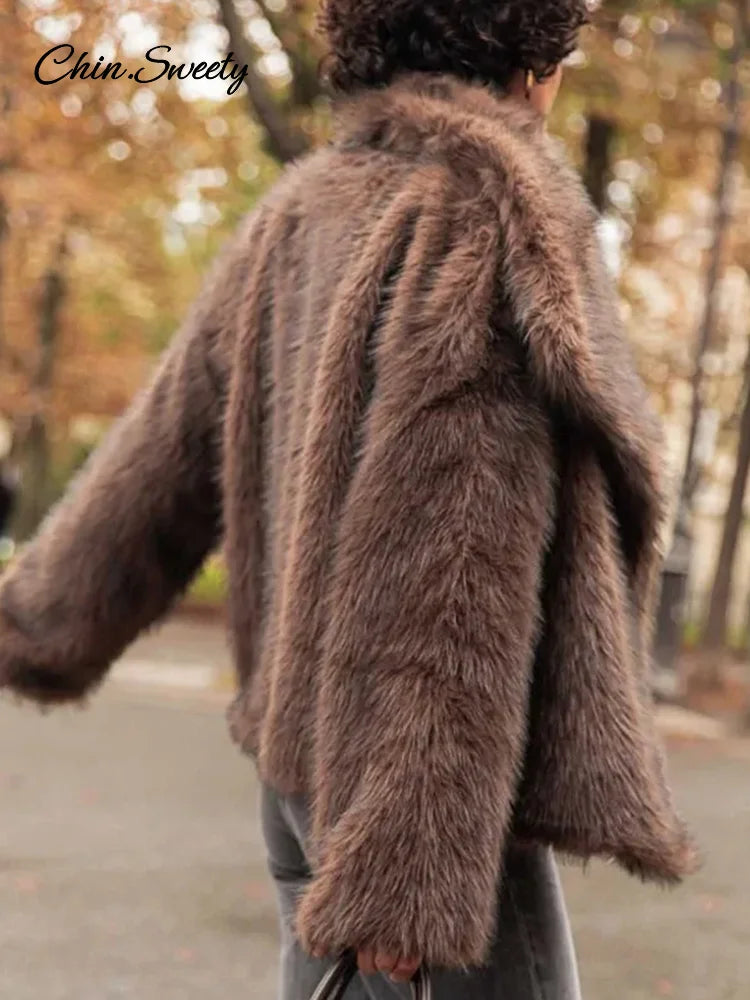 Women's Long Sleeve Faux Fur Coat with Buttons - Thick Warm Turn-Down Collar Fur Jacket