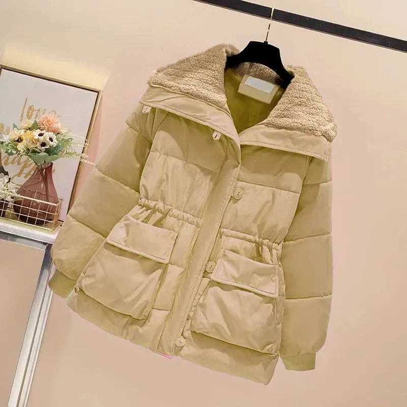 Women's Padded Parka Jacket - High Collar - Quilted Insulation - Button-Up - Adjustable Waist