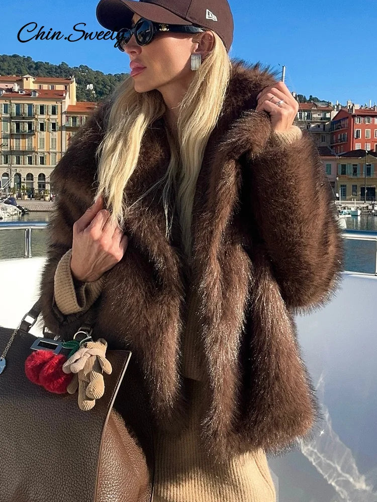Women's Long Sleeve Faux Fur Coat with Buttons - Thick Warm Turn-Down Collar Fur Jacket
