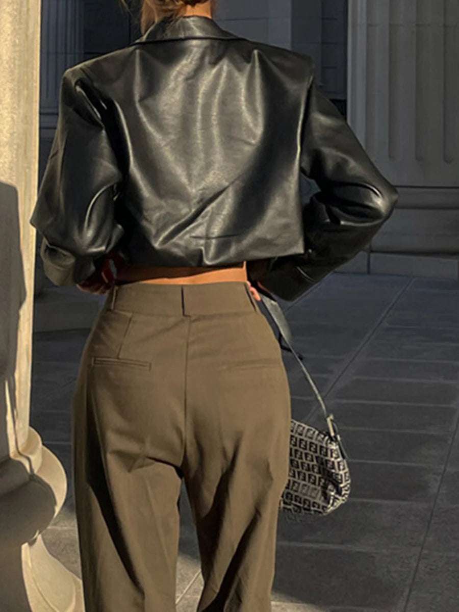 Women's Black Casual Crop Faux Leather Jacket with Long Sleeves and Button Closure
