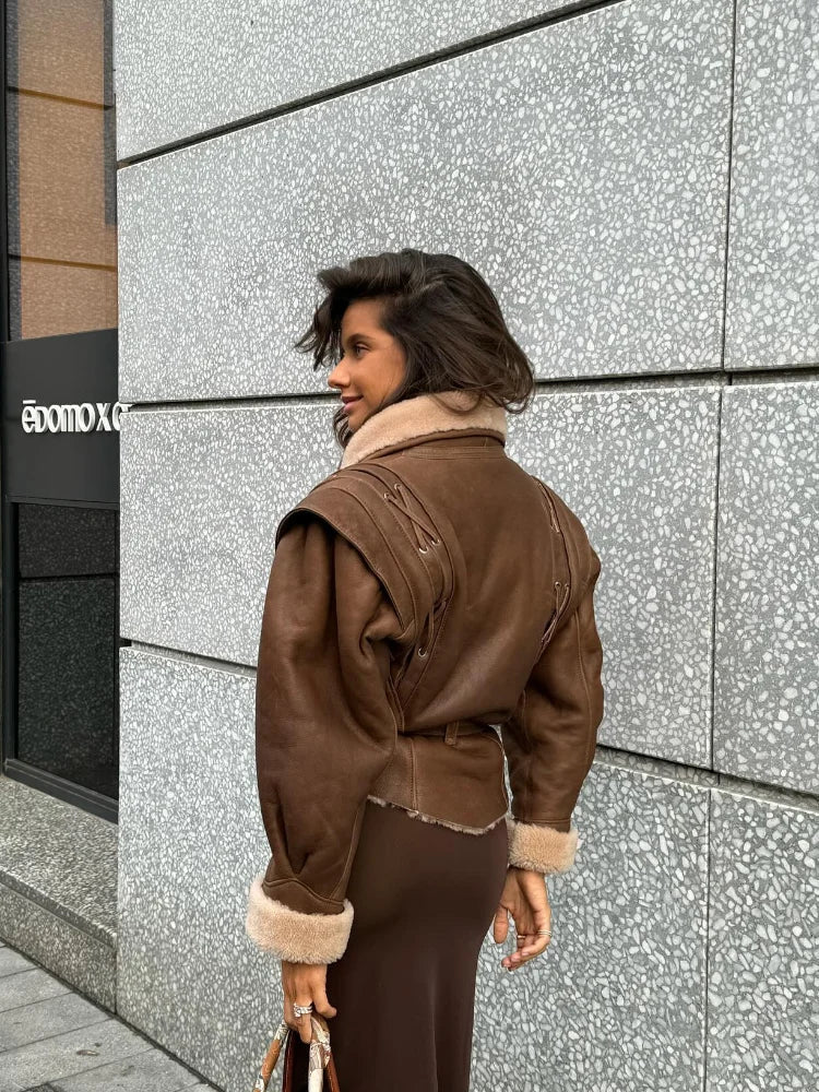 Warm furry tie leather jacket for women
