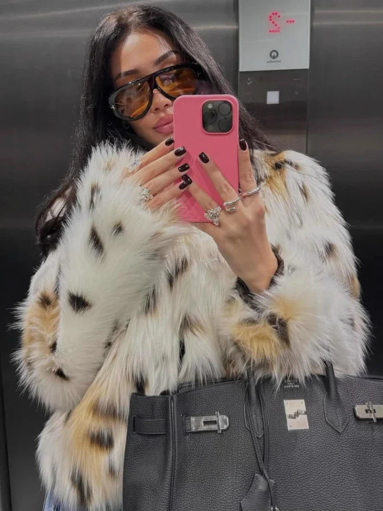 Women's Faux Fur Jacket - Animal Print - High Collar - Cropped Length - Relaxed Fit