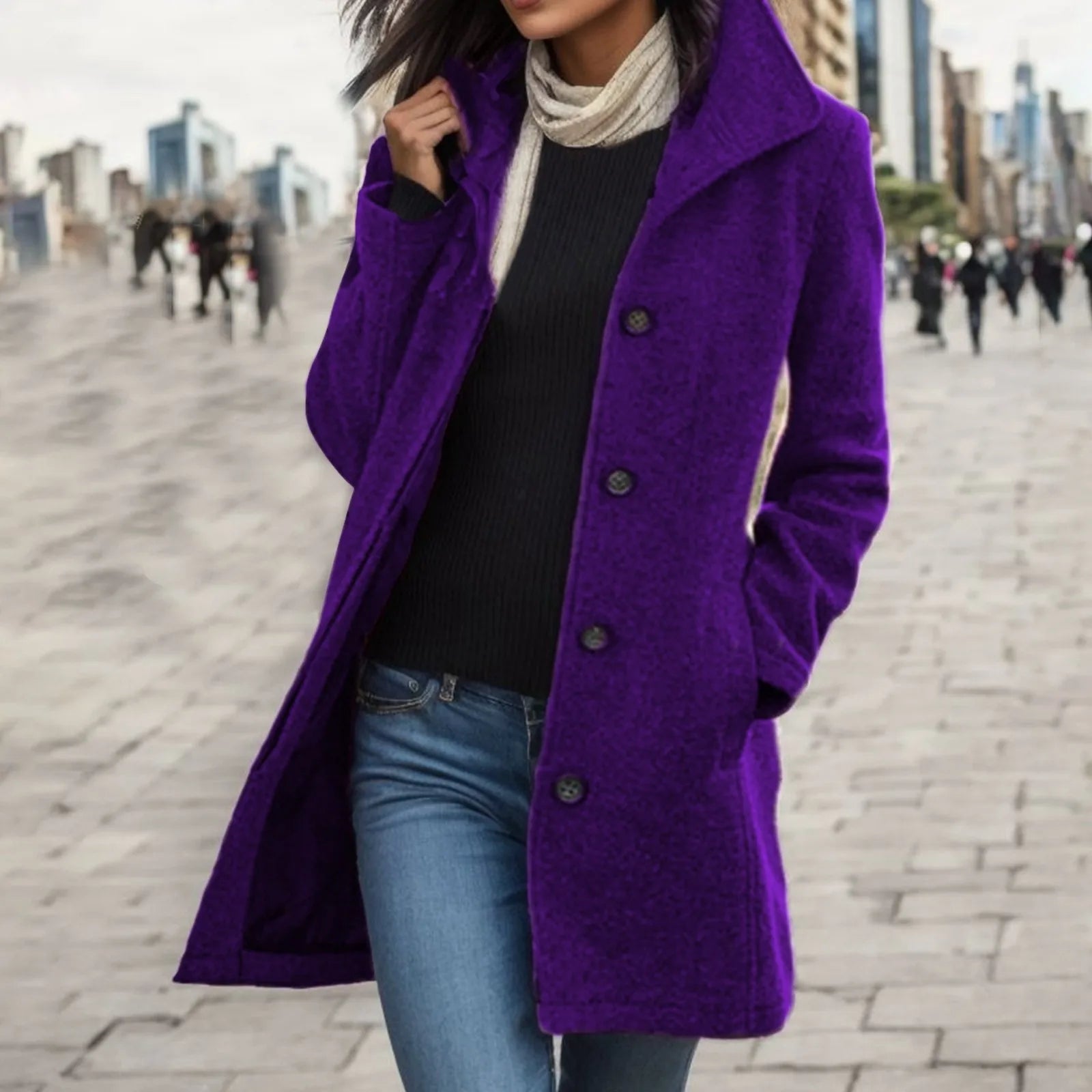 Womens Woollen Lapel Mid Length Coat - Various Colors