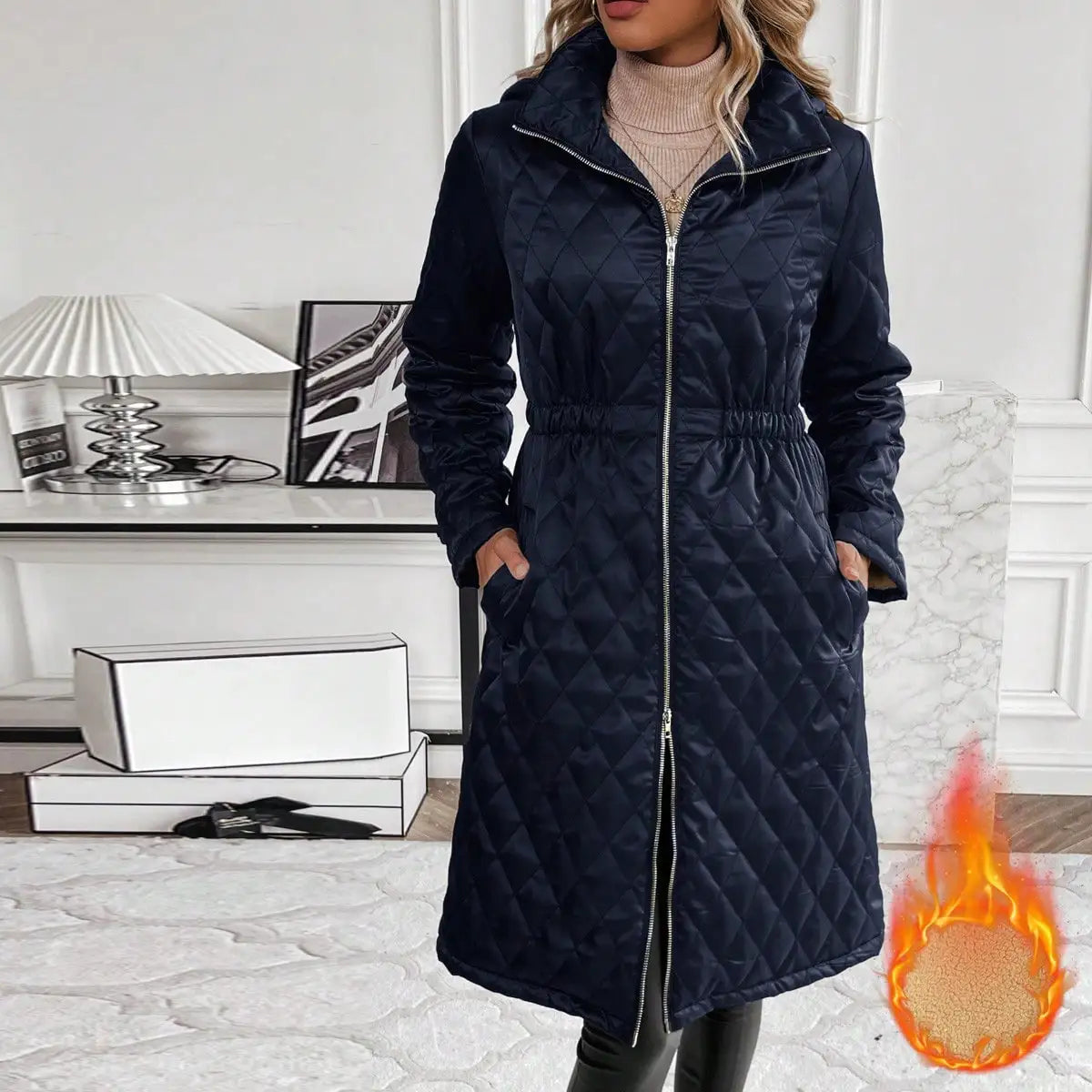Women's Long Quilted Coat - Hooded - Warm Fleece Lining - Full Zip Closure