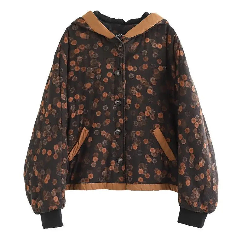 Women's Thick Quilted Cotton Jacket - Loose Fit, Retro Style, Hooded