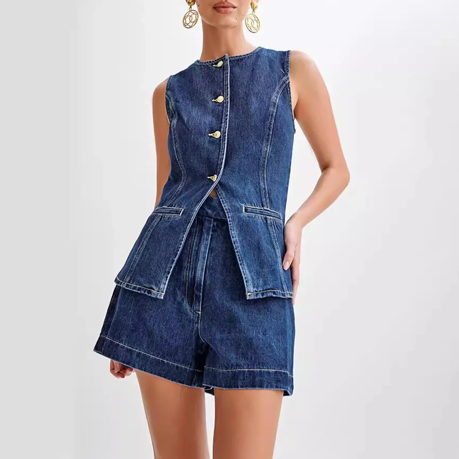 Women’s Y2K Retro Denim Long Vest with Pockets and Shorts