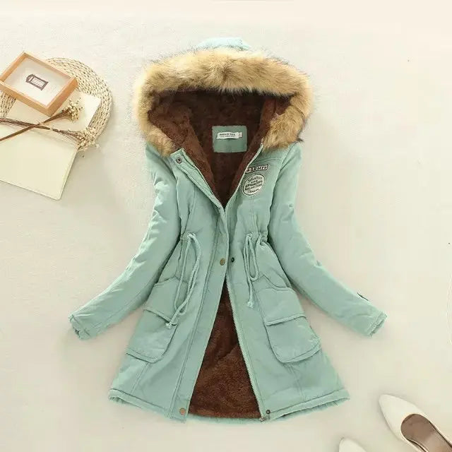Women's Cotton Padded Hooded Parka Jacket with Embroidery - Various Colors