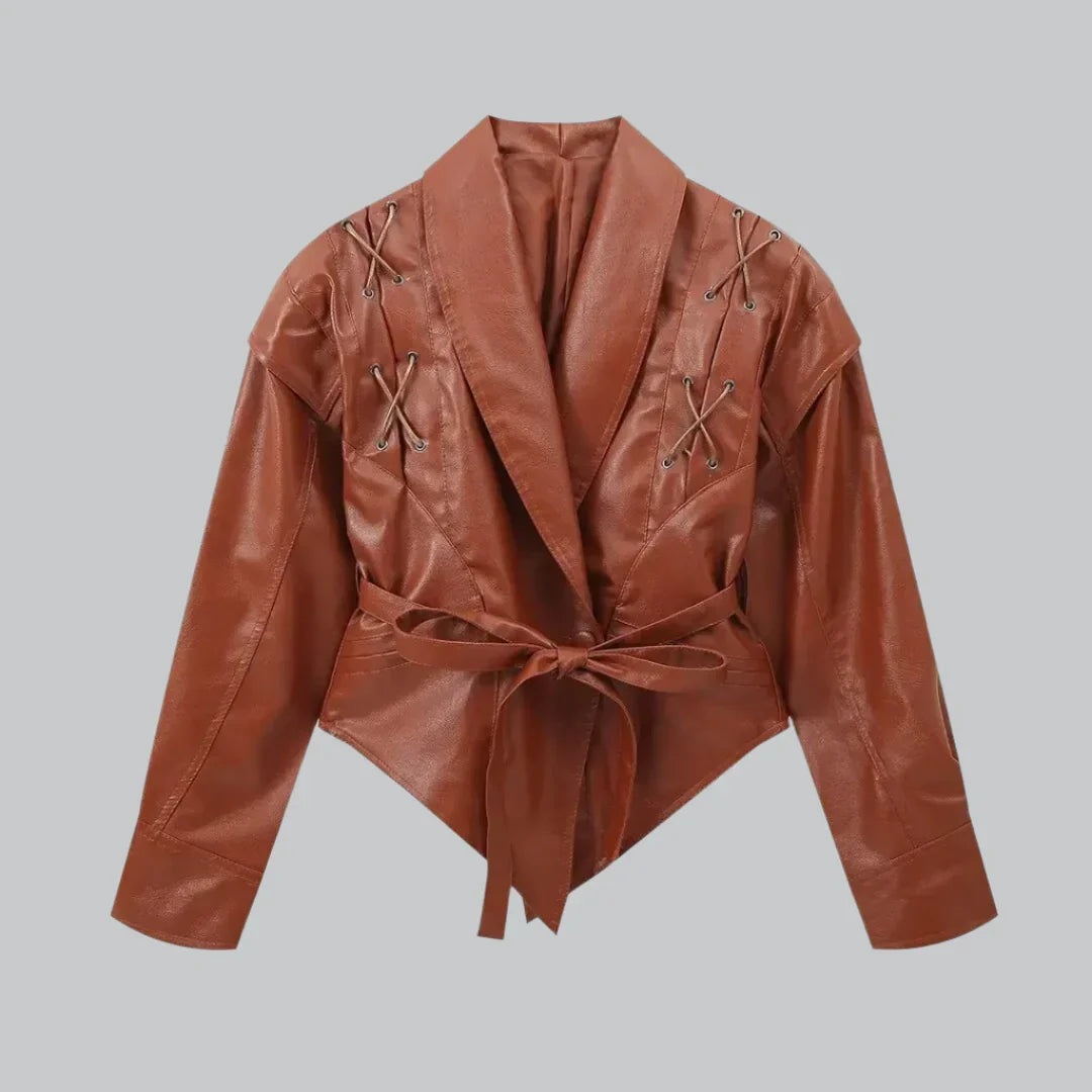 Women's Leather Jacket - Tailored Fit - Wrap Front with Tie Belt - Padded Shoulders