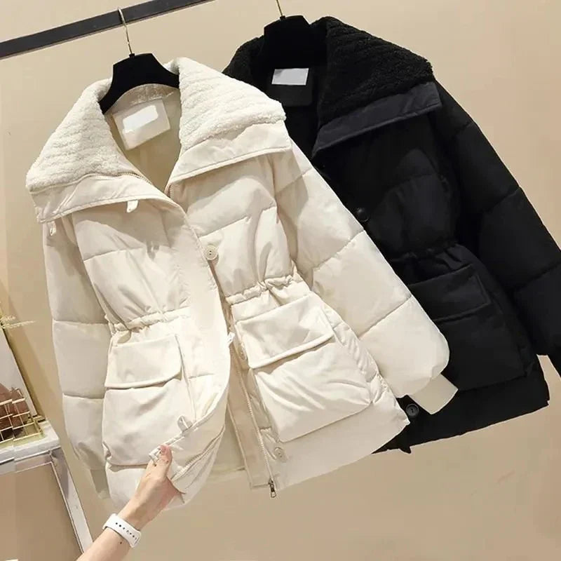 Women's Padded Parka Jacket - High Collar - Quilted Insulation - Button-Up - Adjustable Waist