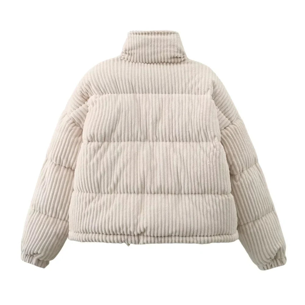 Women's Corduroy Puffer Jacket - High Neck - Quilted Warm Insulated - Zip Closure