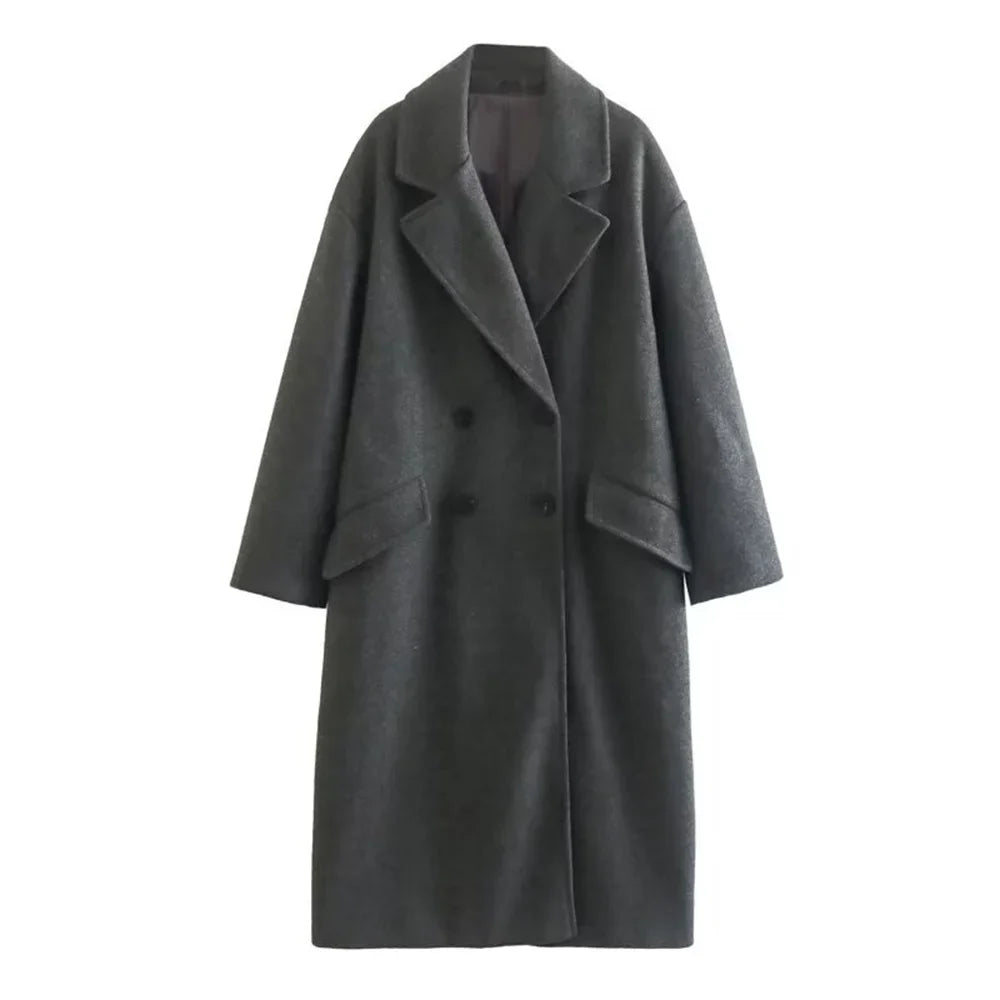 Women's Long Woollen Coat with Flip Collar and Button Closure