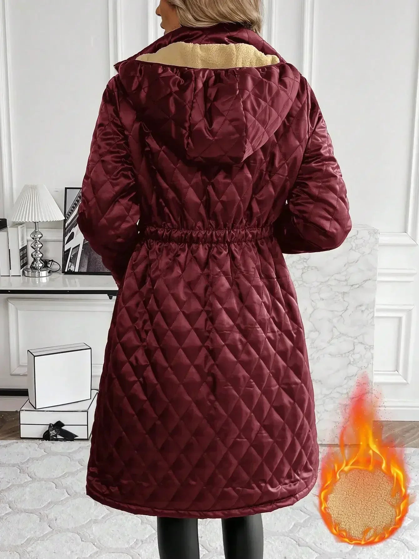 Women's Quilted Long Coat - Knee Length - Fitted Waist - Full Zip - Stand Collar