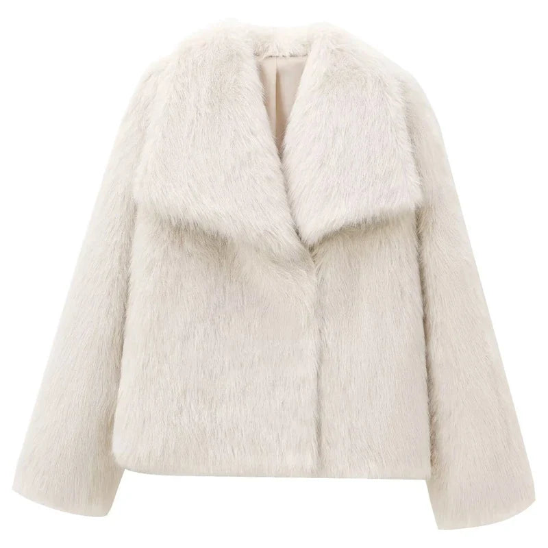 Women’s Plush Faux Fur Crop Jacket - Long Sleeve Stylish Coat