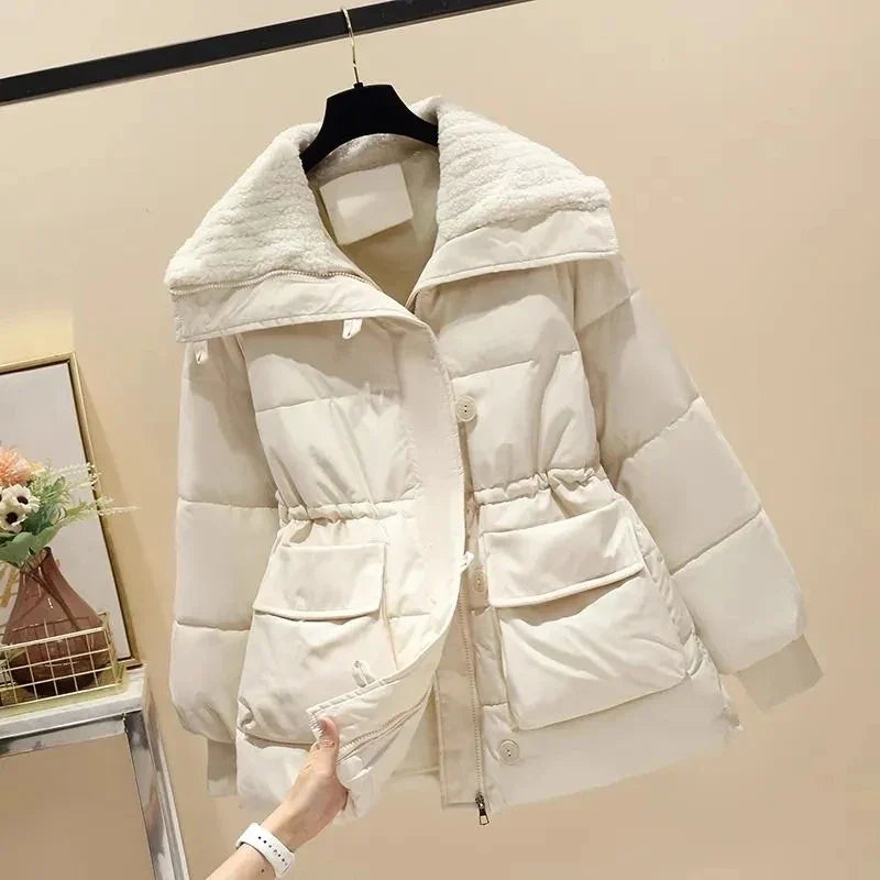 Women's Padded Parka Jacket - High Collar - Quilted Insulation - Button-Up - Adjustable Waist