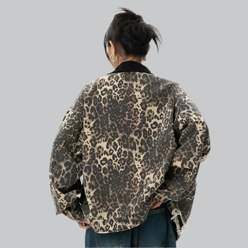 Retro leopard print washed denim jacket for women