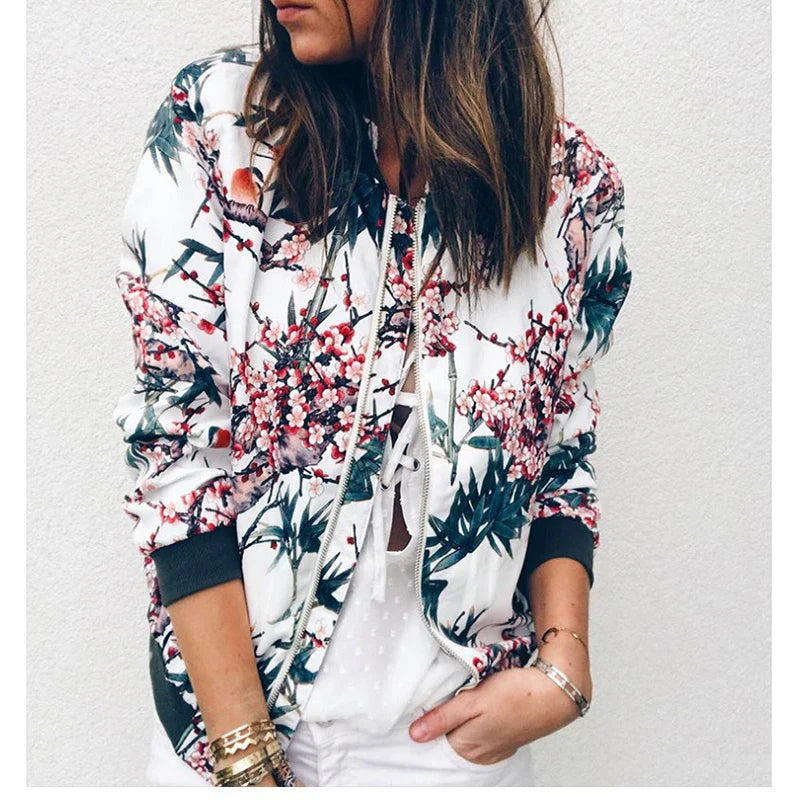 Women's Slim Floral Printed Zipper Jacket - Various Designs